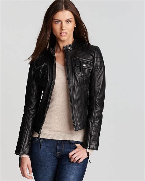 michael michael kors women's zip front leather jacket luggage|Michael Kors jackets for women.